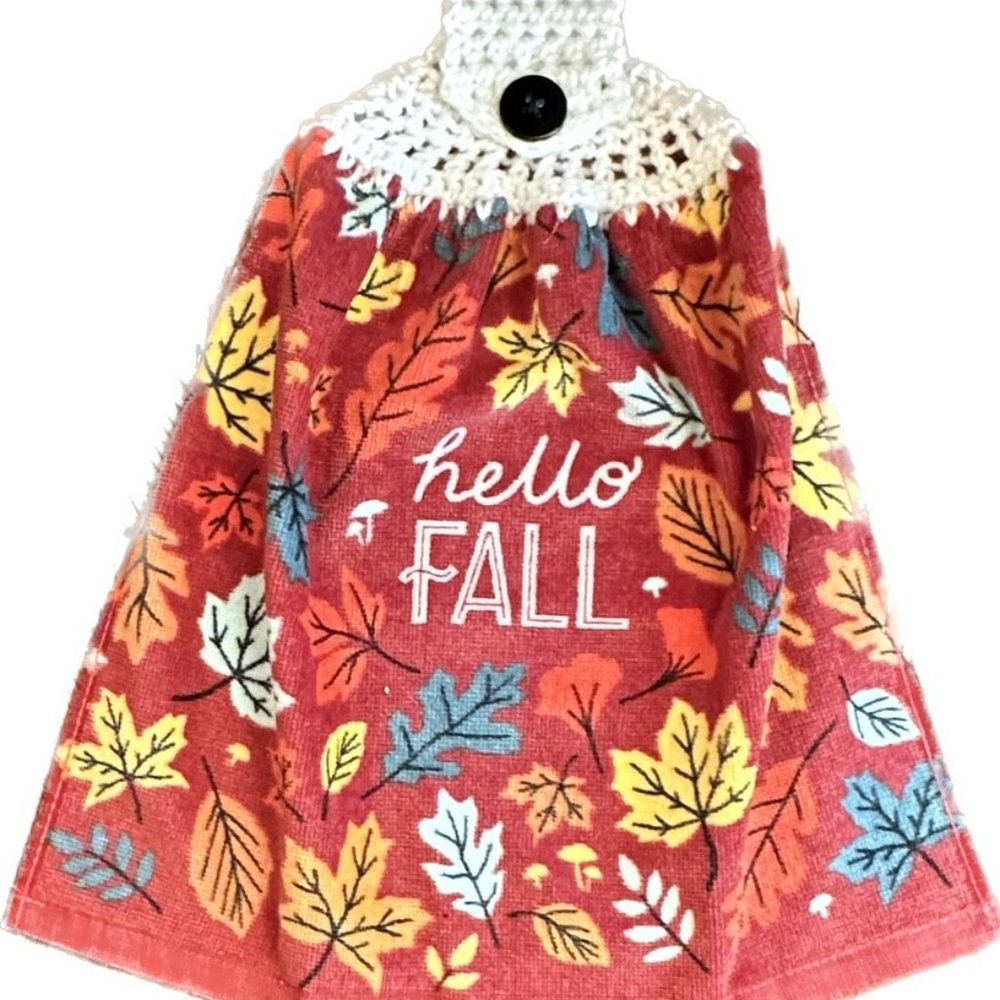 Kitchen Towel With Crochet Top/ Hello Fall